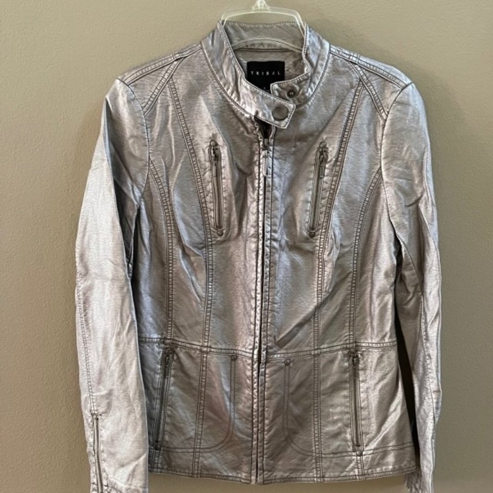 Women's Tribal Brand Black Silver Jacket with Leopard Print Lining Size 6